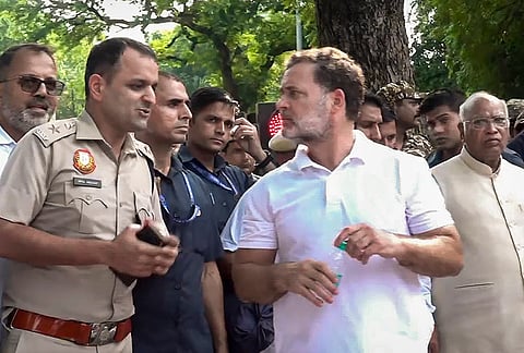 Leader of Opposition in the Lok Sabha Rahul Gandhi with Rajya Sabha LoP Mallikarjun Kharge and others during a sit-in protest near the Prime Minister's residence over alleged irregularities in the NEET examination, in New Delhi, Tuesday, July 21, 2026. 