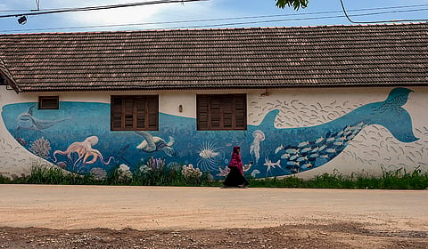 A woman walks past a marine-themed mural painted on the wall of Vallakadavu Boathouse, restored as a biodiversity museum, in Thiruvananthapuram, Kerala.
