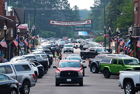 A banner for the Lumberjack World Championships is hung over downtown Hayward, Wisconsin, Saturday, July 18, 2026. 