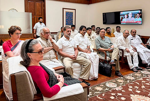 Congress Parliamentary Party (CPP) Chairperson and MP Sonia Gandhi with party MP and Lok Sabha LoP Rahul Gandhi, party MPs Priyanka Gandhi, KC Venugopal, Jairam Ramesh and others during a meeting of the INDIA bloc leaders, at Parliament House, in New Delhi. 