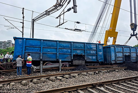 Ofiicials present at the site after six wagons of a coal-laden goods train derailed at Sahibabad area, disrupting rail traffic on the busy Ghaziabad-New Delhi section and affecting 53 trains, in Ghaziabad, Uttar Pradesh.