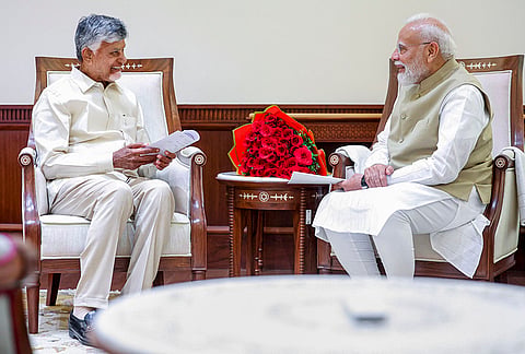 Prime Minister Narendra Modi meets Andhra Pradesh Chief Minister N Chandrababu Naidu, in New Delhi. 