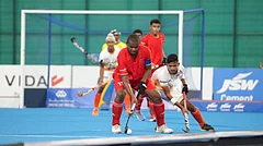 Ketan Kushwaha, captain of Indian sub-junior boys' team in action at the Youth Hockey5s Asian Championship in Muscat, Oman. - AP