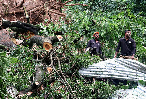 Rescue personnel clear debris after a landslide triggered by heavy monsoon rain damaged houses in the Madhabdev Nagar area of Maligaon, in Guwahati, Assam, Monday, July 20, 2026. Four members of a family were injured after the landslide struck their home. 