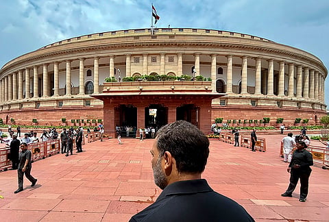 Leader of Opposition in the Lok Sabha Rahul Gandhi is seen wearing black clothes in protest to express solidarity with students protesting against the NEET paper leak issue, during the Monsoon session of Parliament, in New Delhi. 