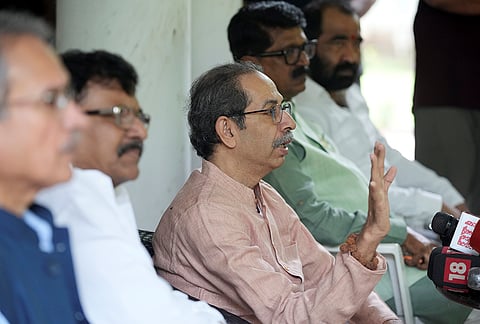 Shiv Sena (UBT) chief Uddhav Thackeray, centre, with party leaders Sanjay Raut, second left, Arvind Sawant, second right, and others during a press conference, in New Delhi.
