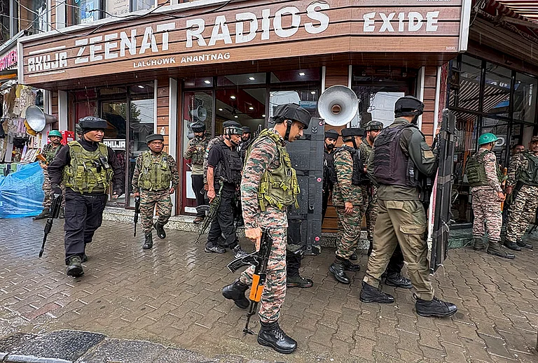 Security personnel conduct a search operation following a terrorist attack in which a police head constable was killed, in Anantnag, Jammu and Kashmir. - | Photo: PTI
