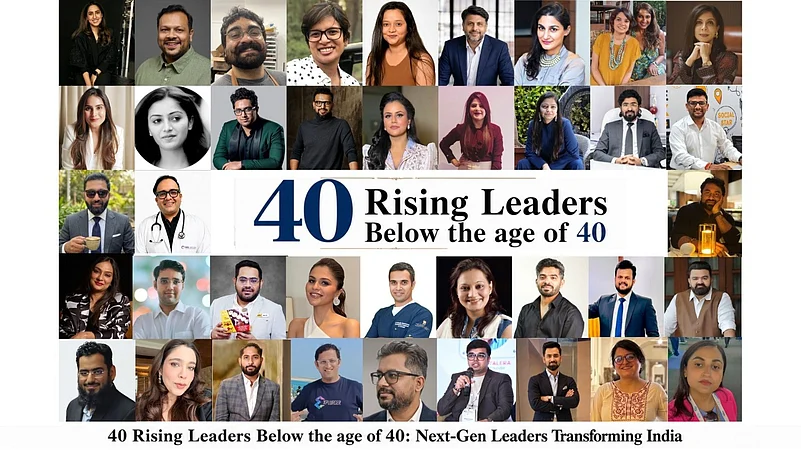 Collage of portrait photos featuring 40 Rising Leaders Below the age of 40 in India