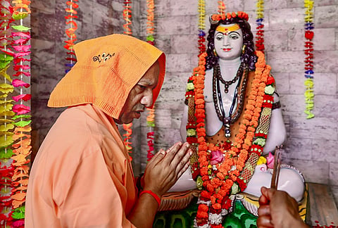 Uttar Pradesh Chief Minister Yogi Adityanath offers prayers at the 'Maa Pateshwari Devi Shaktipeeth' temple, in Tulsipur, Balrampur district, Uttar Pradesh. 