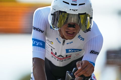 Mexico's Isaac Del Toro crosses the finish line of the sixteenth stage of the Tour de France cycling race, an indivdual time-trial with start in Evian-Les-Bains and finish in Thonon-les-Bains, France.