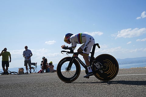 Belgium's Remco Evenepoel rides during the sixteenth stage of the Tour de France cycling race, an indivdual time-trial with start in Evian-Les-Bains and finish in Thonon-les-Bains, France.