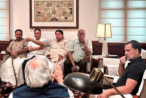 Lok Sabha LoP Rahul Gandhi, Congress MP Jairam Ramesh, and others, during a meeting of INDIA bloc floor leaders to discuss strategy for the ongoing Monsoon session of Parliament, at Parliament House, in New Delhi. 