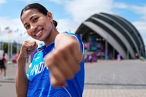 | Photo: PTI/Ravi Choudhary : Indian boxer Lovlina Borgohain poses after a training session for the Glasgow Commonwealth Games 2026, at the SEC Centre in Glasgow, Scotland.