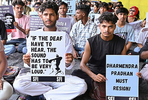 Students' Federation of India (SFI) Assam State Committee members stage a protest in solidarity with climate activist Sonam Wangchuk and demand the resignation of Union Education Minister Dharmendra Pradhan over the NEET paper leak issue, in Guwahati, Assam.