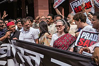 Opposition Steps Up Parliament Protest, Demands Pradhan's Ouster Over NEET Row | Photo: PTI/Arun Sharma : Leader of Opposition in the Lok Sabha Rahul Gandhi, Congress MPs Sonia Gandhi and Priyanka Gandhi Vadra, Samajwadi Party (SP) MP Akhilesh Yadav, TMC MP Mahua Moitra and other opposition leaders stage a protest as they hold placards and a black banner demanding resignation of Union Education Minister Dharmendra Paradhan over the NEET paper leak issue, during the Monsoon session of Parliament, in New Delhi.