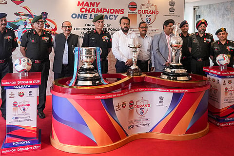 West Bengal Sports and Youth Affairs Minister Indranil Khan with Eastern Command Chief of Staff (COS) and Durand Cup Organizing Committee (DCOC) Chairman, Lieutenant General Gambhir Singh and others in a group photograph during Durand Cup trophy showcase ceremony, in Kolkata.