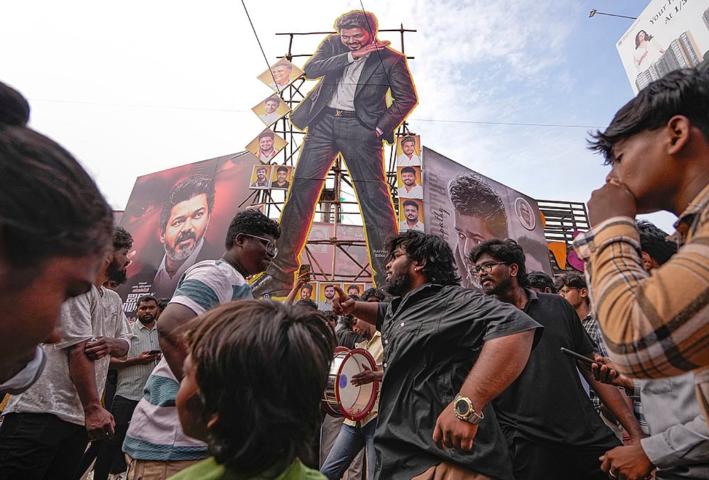 A huge cutout and hoardings of Tamil Nadu Chief Minister and actor Joseph Vijay installed as fans celebrate the theatrical release of his film ‘Jana Nayagan’, in Chennai, Thursday, July 23, 2026.  - | Photo: PTI/R Senthilkumar