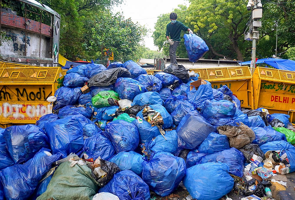A volunteer stacks garbage bags at one place, during an ongoing protest organised by Cockroach Janata Party (CJP) at the Jantar Mantar, in New Delhi. The agitation, which began on June 20, is demanding accountability over alleged irregularities in competitive examinations, reforms in the education system and the resignation of Union Education Minister Dharmendra Pradhan, and compensation for families of students who allegedly committed suicide due to the paper leak.  - | Photo: PTI