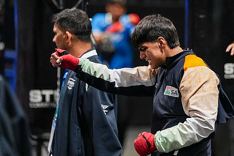 Indian boxer Priya Ghanghas, right, during a training session ahead of the Glasgow Commonwealth Games 2026, at the SEC Centre in Glasgow, Scotland.