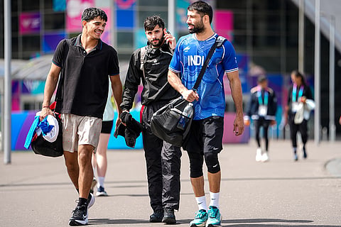 Indian boxers Sumit Kundu, right, Sachin Siwach, and others after a training session for the Glasgow Commonwealth Games 2026, at the SEC Centre in Glasgow, Scotland.