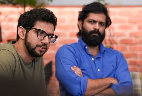 Shiv Sena (UBT) MLA and party chief Uddhav Thackeray’s son, Aaditya Thackeray, left, and Maharashtra Navnirman Sena (MNS) leader and party President Raj Thackeray’s son Amit Thackeray, during a joint press conference, at Shivteerth, in Mumbai. Raj Thackeray and Uddhav Thackeray announced a joint protest march to be held on Sunday. 
