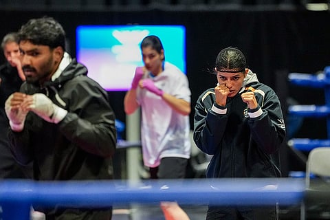 Indian boxer Sakshi Chaudhary, right, during a training session ahead of the Glasgow Commonwealth Games 2026, at the SEC Centre in Glasgow, Scotland.