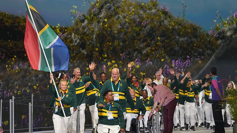 The South African team arrives during the Commonwealth Games opening ceremony in Glasgow, Scotland, Thursday, July 23, 2026 - (AP Photo/Kin Cheung)