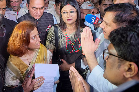 AAP leader Sanjay Singh meets Gitanjali Angmo, wife of activist Sonam Wangchuk, to hand over a letter signed by several MPs requesting Sonam to end his hunger strike, at Medanta Hospital in Gurugram.