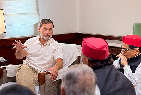 Leader of Opposition in the Lok Sabha Rahul Gandhi, Samajwadi Party (SP) chief Akhilesh Yadav and other leaders of the INDIA bloc during a meeting at the Parliament House complex, amid the ongoing Monsoon session of Parliament, in New Delhi. 