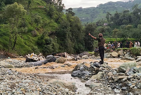 Army personnel conduct a rescue, search and relief operation in a flood-hit area of Rajouri and Poonch districts in Jammu and Kashmir. 