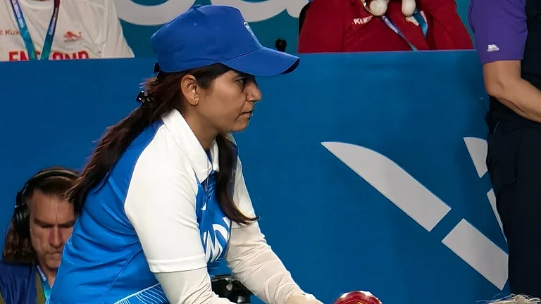 India's Pinki Singh prepares to deliver a bowl during the women's pairs match against Malta at the Glasgow Commonwealth Games 2026, where India secured a dramatic tie-break victory to begin its campaign on a winning note - X/WeAreTeamIndia