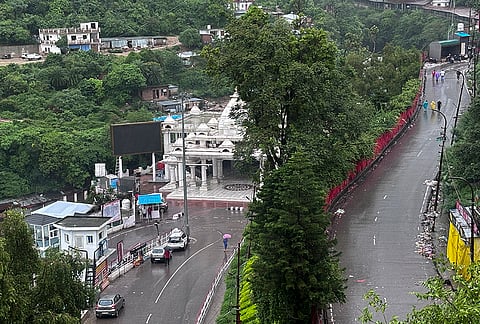 A deserted stretch of the route leading to the Shri Mata Vaishno Devi shrine as the pilgrimage remains suspended for the fifth consecutive day due to inclement weather, in Katra, Jammu and Kashmir.