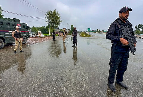Security personnel keep vigil on the Jammu-Srinagar National Highway amid heightened security following the Anantnag terror attack, in Kulgam, Jammu and Kashmir.