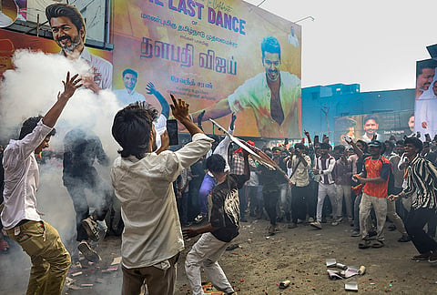 Fans celebrate with firecrackers during the theatrical release of film ‘Jana Nayagan' starring Tamil Nadu Chief Minister and actor Joseph Vijay, in Chennai, Thursday, July 23, 2026. 