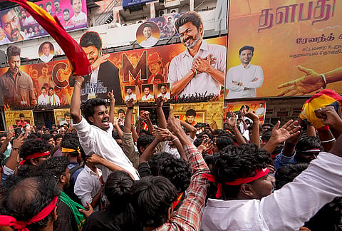 Fans celebrate during the theatrical release of film 'Jana Nayagan' starring actor and Tamil Nadu Chief Minister C Joseph Vijay, in Chennai.