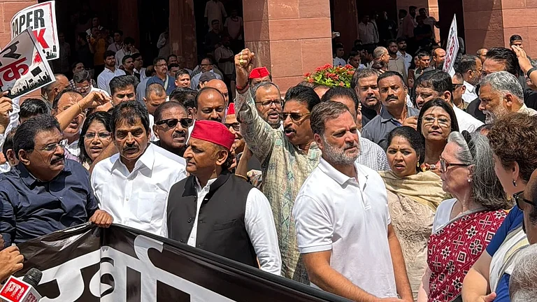 KC Venugopal and other opposition leaders in Parliament on Thursday. - X | KC Venugopal