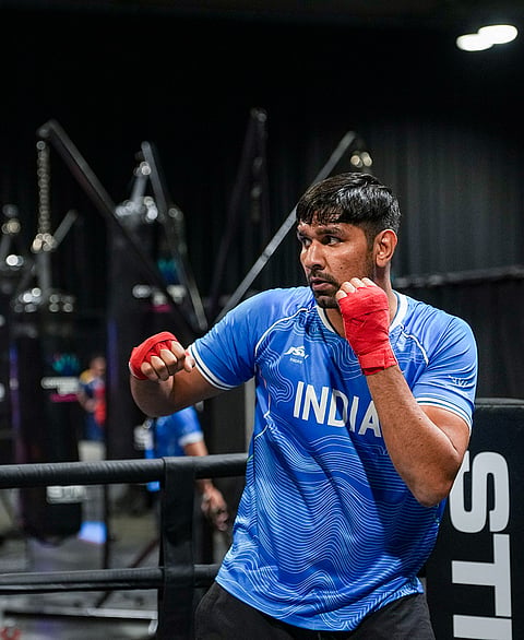 Indian boxer Narender Berwal during a training session ahead of the Glasgow Commonwealth Games 2026, at the SEC Centre in Glasgow, Scotland.