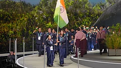 The team from India arrives on stage during the Commonwealth Games opening ceremony in Glasgow, Scotland, Thursday, July 23, 2026 - (AP Photo/Kin Cheung)