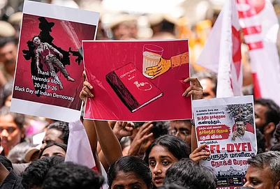 | Photo: PTI/R Senthilkumar : Students Federation of India (SFI) and Democratic Youth Federation of India (DYFI) activists carry posters during a protest march demanding resignation of Union Education Minister Dharmendra Paradhan over the NEET paper leak issue, in Chennai, Tamil Nadu, Thursday, July 23, 2026.