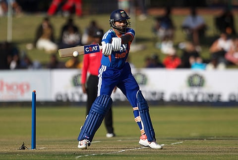 India's captain Shreyas Iyer plays a short during the first T20 cricket match between Zimbabwe and India in Harare, Zimbabwe, Thursday, July 23, 2026. 