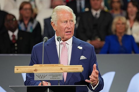 Britain's King Charles III gestures as he makes a speech during the Commonwealth Games opening ceremony in Glasgow, Scotland.