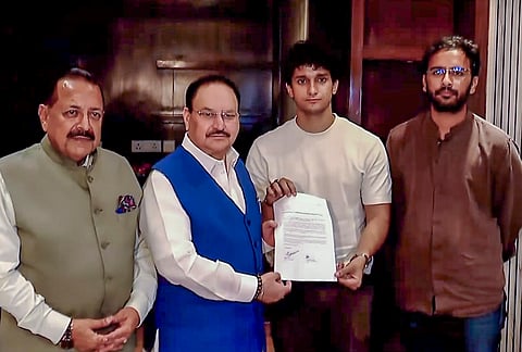 Union Ministers Jitendra Singh and JP Nadda during a meeting with Cockroach Janata Party (CJP) spokespersons Saurav Das and Ashutosh Ranka to find an amicable solution to the outfit's demands related to exam irregularities, at the Vithalbhai Patel House, in New Delhi.