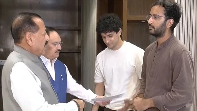 Union Ministers JP Nadda and Jitendra Singh met Cockroach Janta Party (CJP) representatives Saurav Das and Ashutosh Ranka - ANI/X