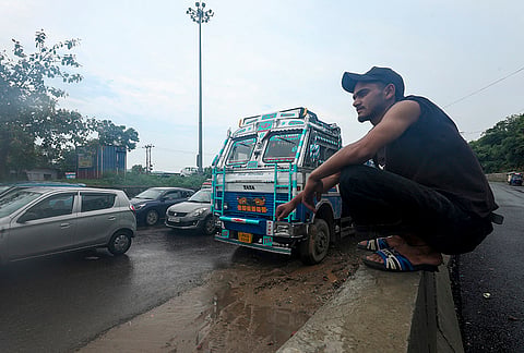 Traffic remains suspended at Jammu-Srinagar National Highway (NH-44) as the highway stays closed for the third consecutive day following multiple landslides, shooting stones and road erosion triggered by incessant rain, in Jammu, Jammu and Kashmir.