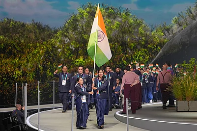 | Photo: AP/Kin Cheung : The team from India arrives on stage during the Commonwealth Games opening ceremony in Glasgow, Scotland.