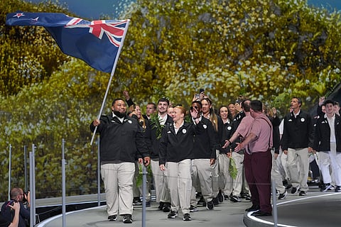 The team from New Zealand arrives onstage during the Commonwealth Games opening ceremony in Glasgow, Scotland.