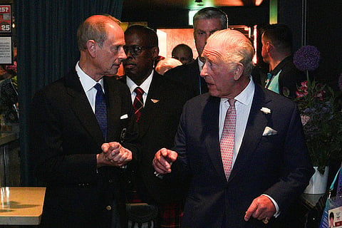 The Duke of Edinburgh, left, and King Charles III talk during a reception for representatives of Governments, the Commonwealth and the Games, at The Hydro in Glasgow, Scotland, ahead of the opening ceremony of the 2026 Commonwealth Games.