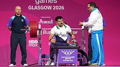 India's Parmjeet Kumar reacts after a successful lift in the men's lightweight para powerlifting during the Commonwealth Games in Glasgow, Scotland, Friday, July 24, 2026 - (AP Photo/Eranga Jayawardena)