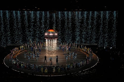 Pyrotechnics go off during the end of the Commonwealth Games opening ceremony in Glasgow, Scotland.