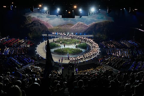 Team Scotland arrives onstage during the Commonwealth Games opening ceremony in Glasgow, Scotland.